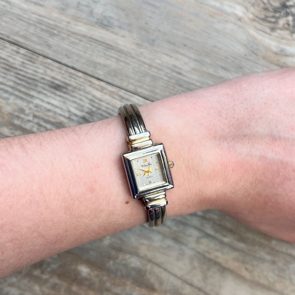 Willow Bay Two Tone Square Watch Roman Dial Bracelet Petite Hinge Antique Vtg